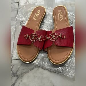Source Unknown Red Slide Sandals with Gold Emblem